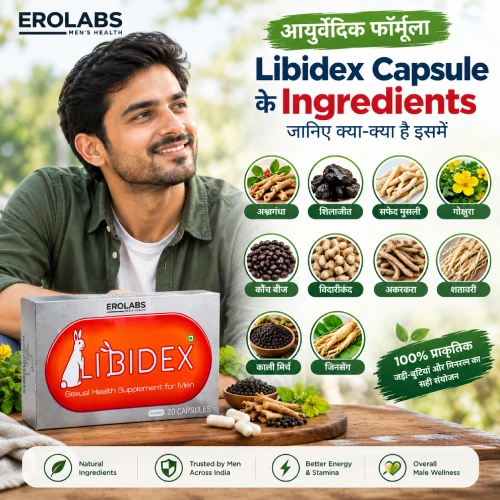 Libidex Capsule ingredients in Hindi — अश्वगंधा, शिलाजीत, सफेद मुसली और अन्य जड़ी-बूटियाँ